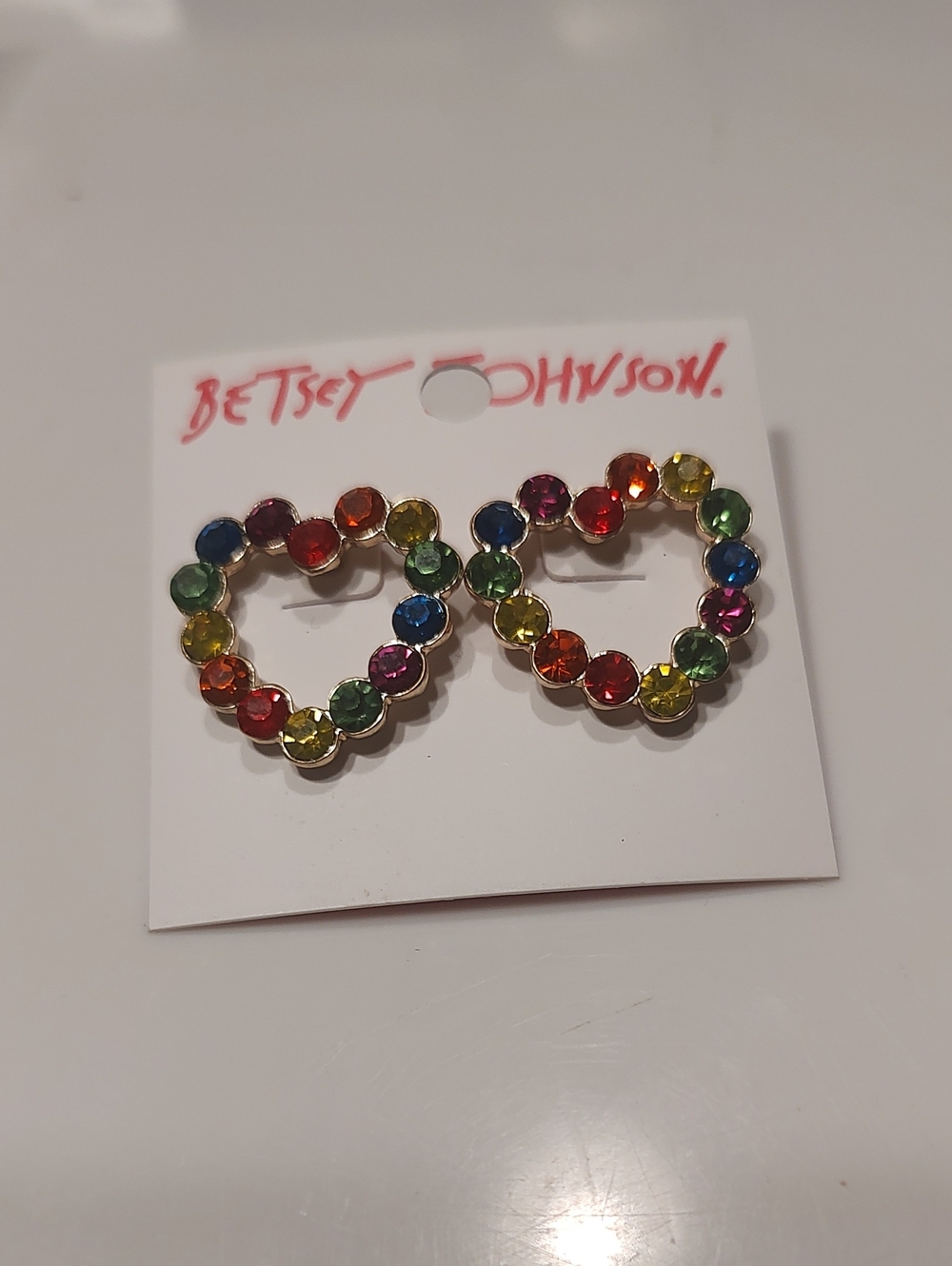 Betsey Johnson Rainbow Multi-Colored Stone Heart Stud Earrings